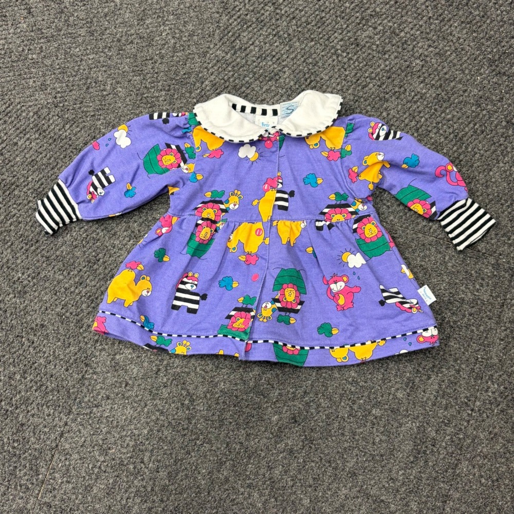 Vintage First Moments Baby Dress 6-9 Months Purple Animal Print Noahs Ark 90s